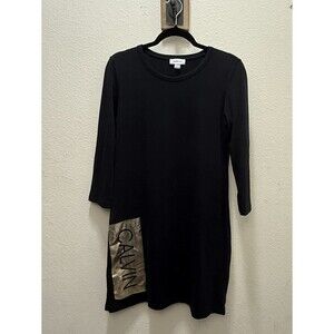 Calvin Klein Black Logo Dress Gold Detail Minimalist Chic Size M cotton blend